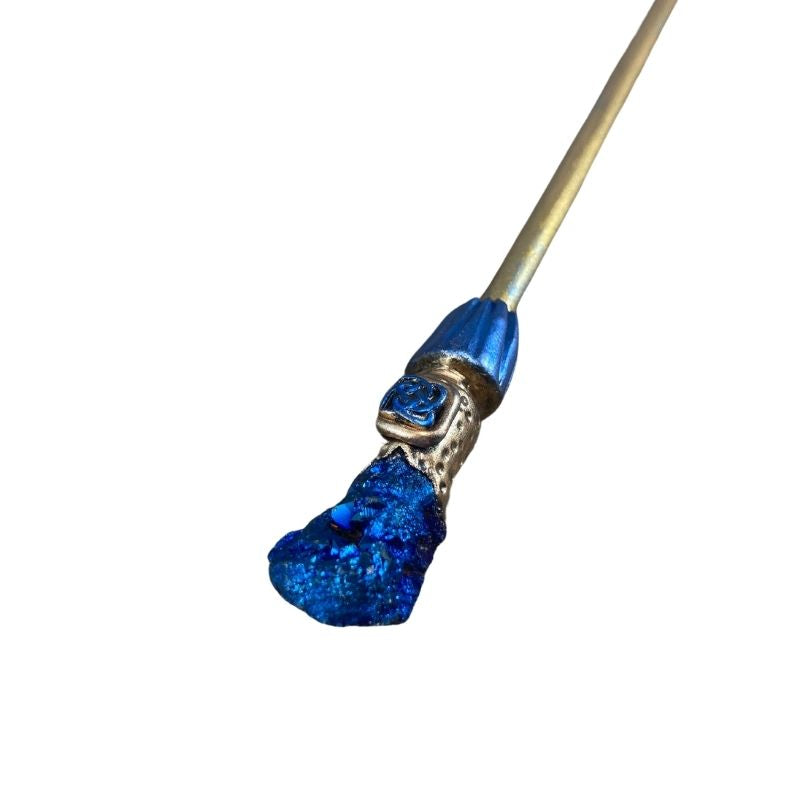 Blue Druzy agate crystal hair stick with Blue and gold Celtic Knot design