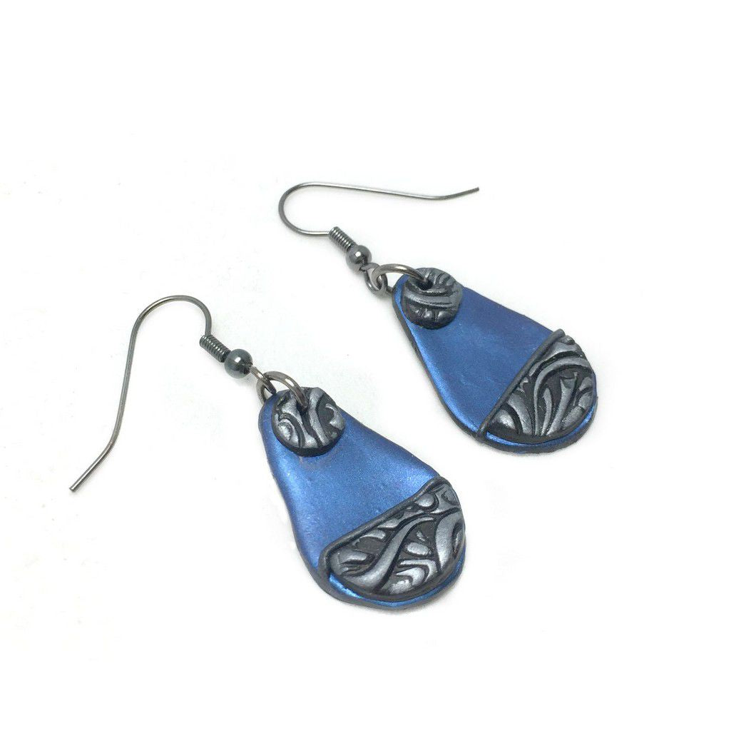blue and silver unique teardrop clay earings