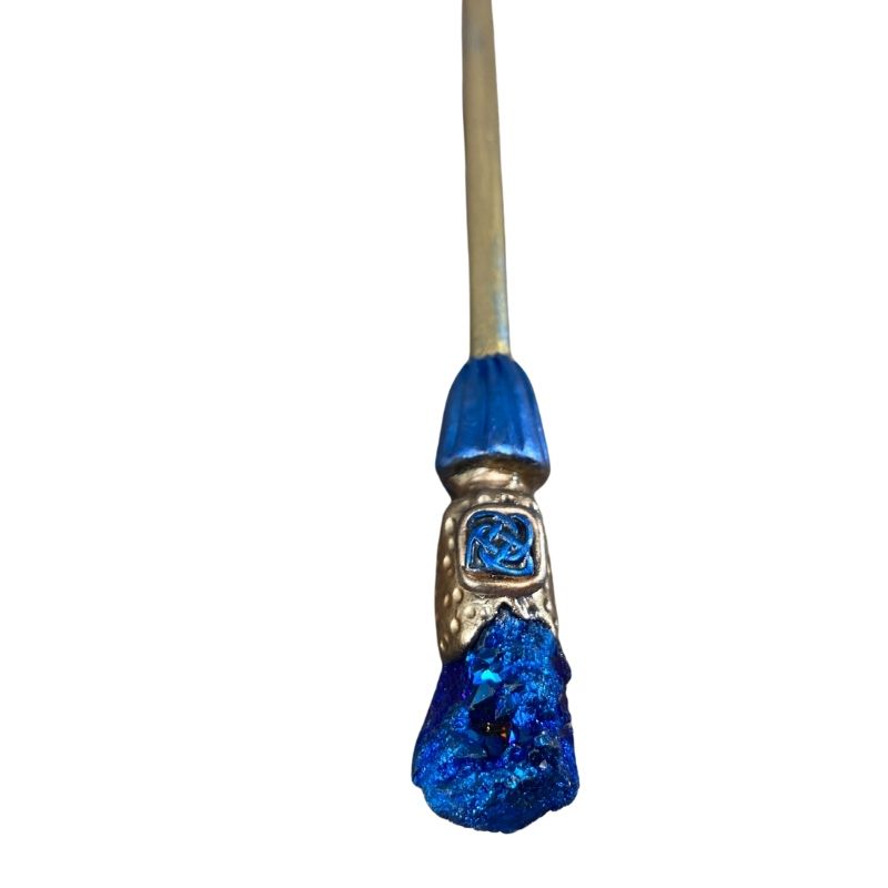 Blue Druzy agate crystal hair stick with Blue and gold Celtic Knot design