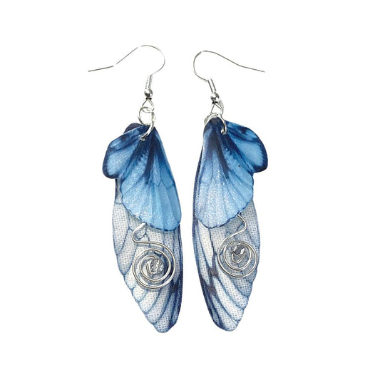 Blue butterfly double wing earrings with silver wired swirls with a silver crystal in center. On silver colored fishhook earrings.
