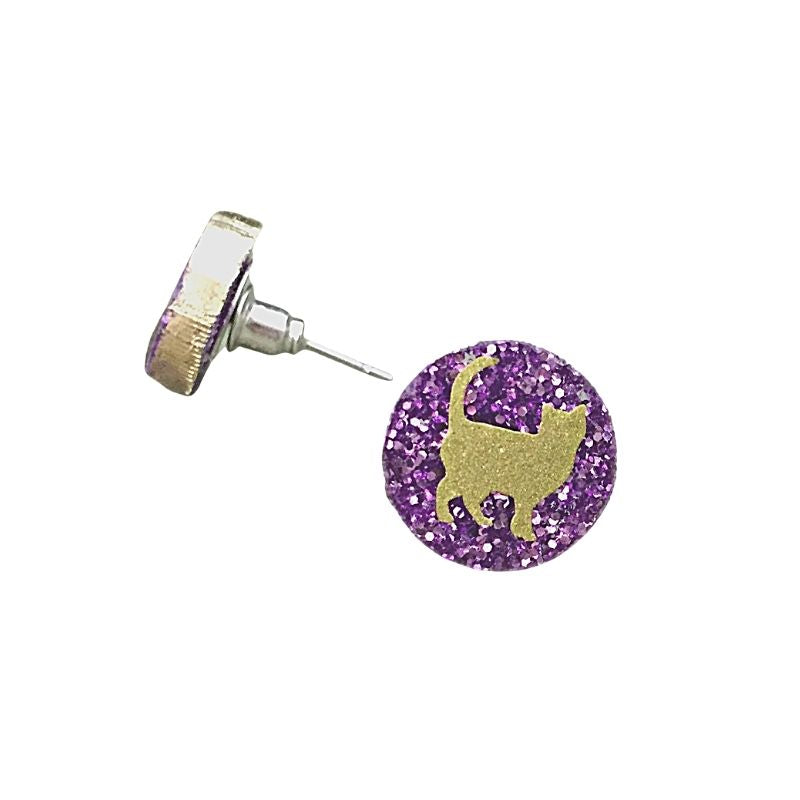 Purple glitter cat earrings