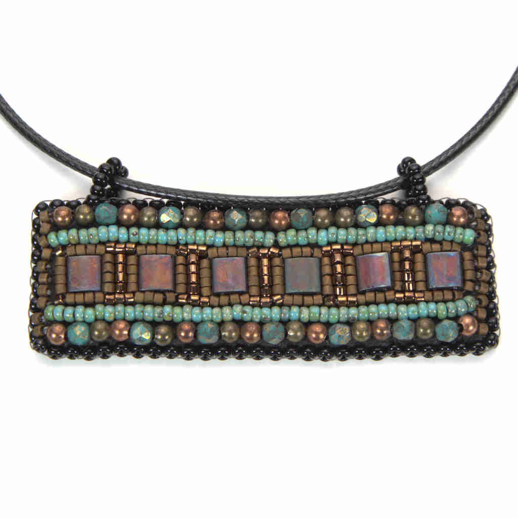 geometric bar pendant horizontal with turquoise, bonze, and black micro beads