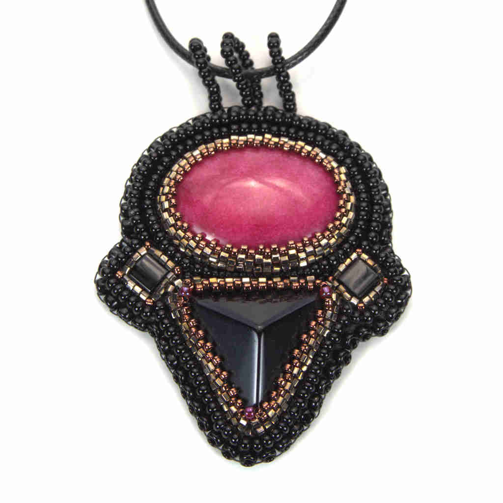 Jasper and obsidian statement geometric pendant with gold bezel and black beaded surround in statement piece