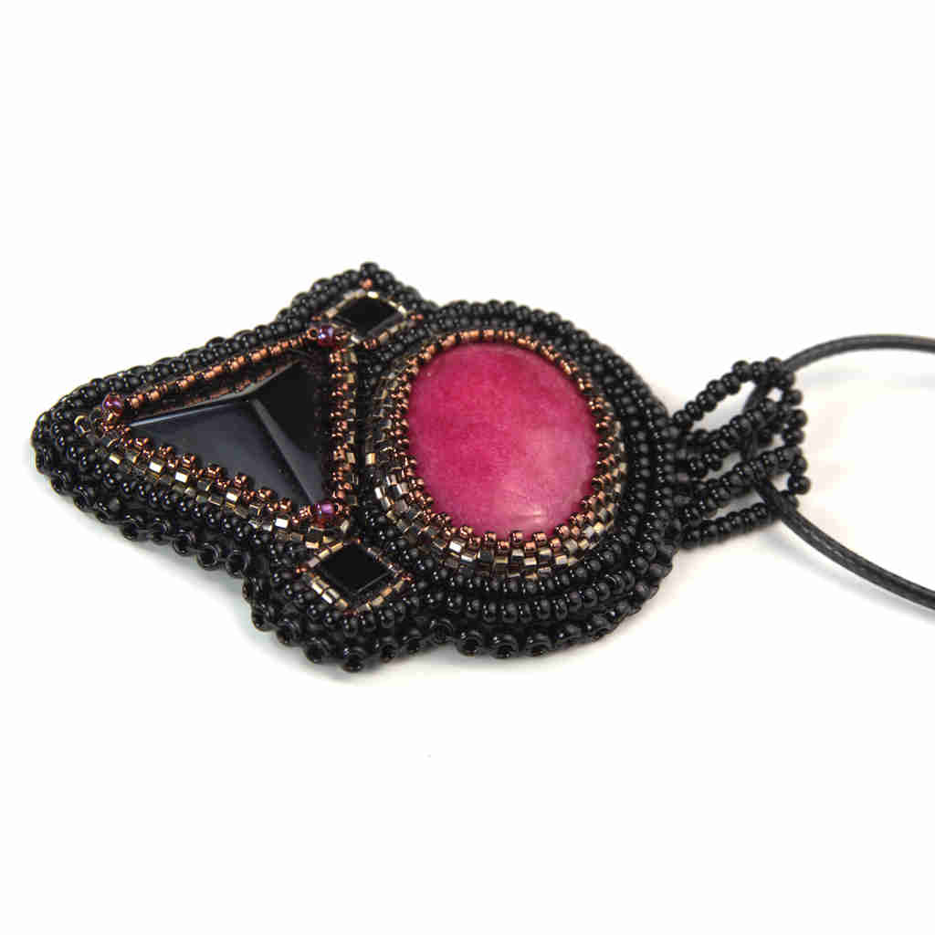 Jasper and obsidian statement geometric pendant with gold bezel and black beaded surround in statement piece