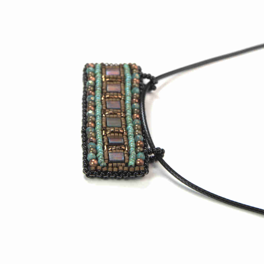 geometric bar pendant horizontal with turquoise, bonze, and black micro beads