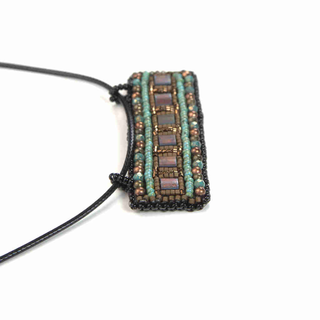 geometric bar pendant horizontal with turquoise, bonze, and black micro beads