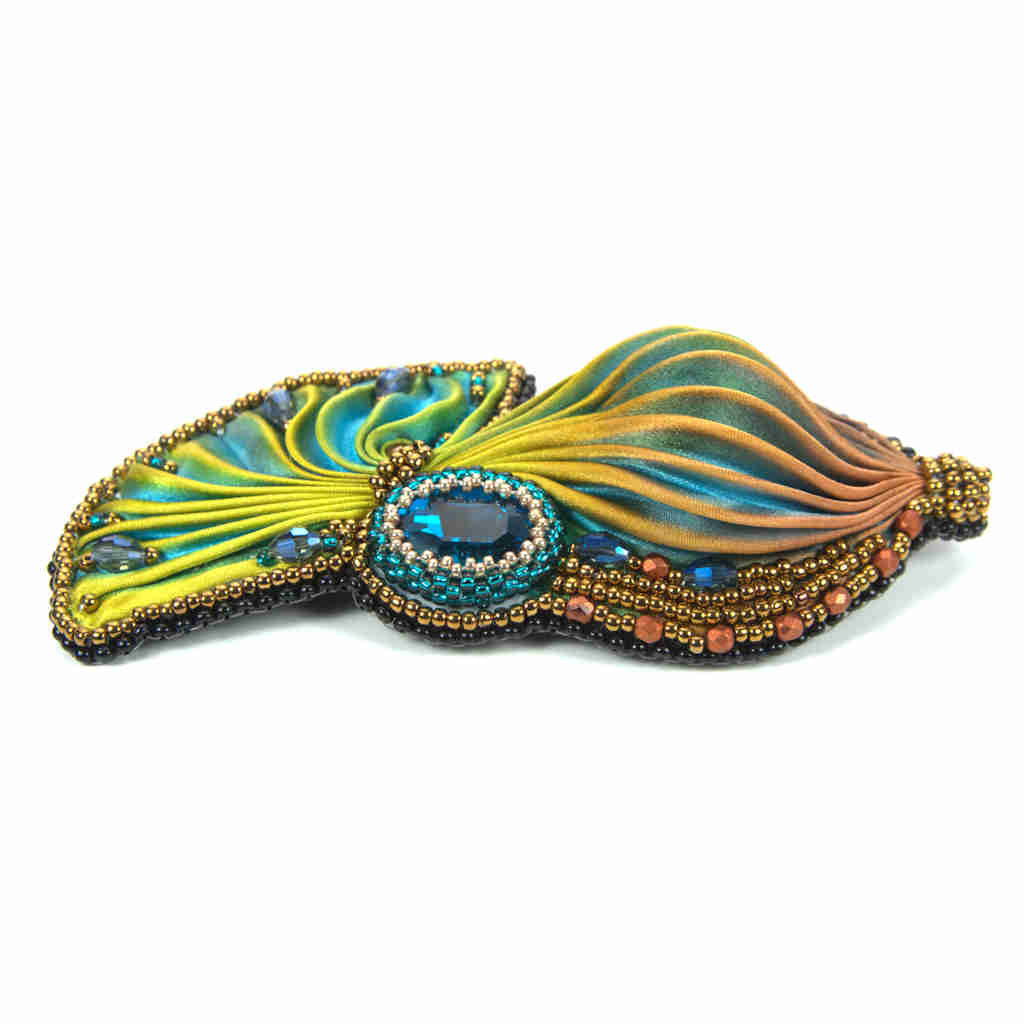 Flowing shibori brooch or shawl pin in yellow, blue, peach, and orange with gold micro beads