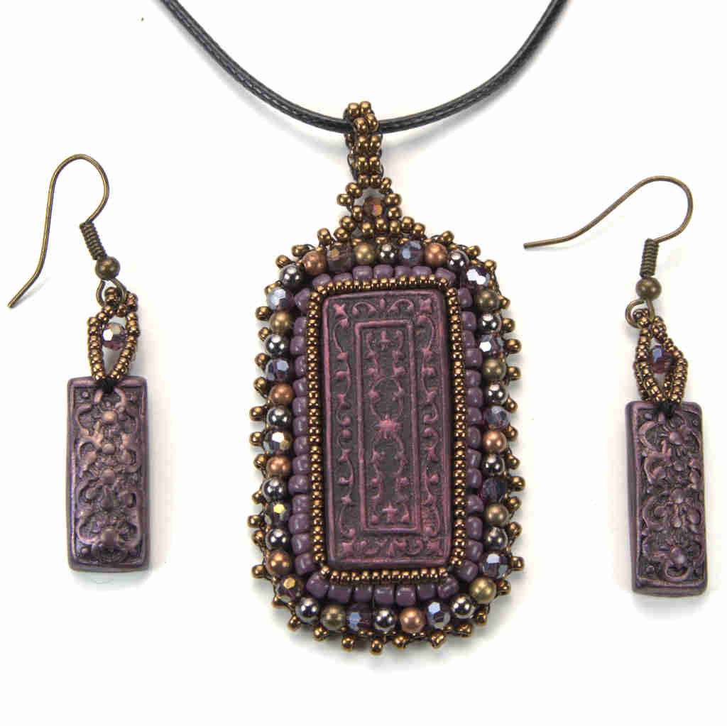 Purple, bronze, and black gothic beaded pendant and earring set