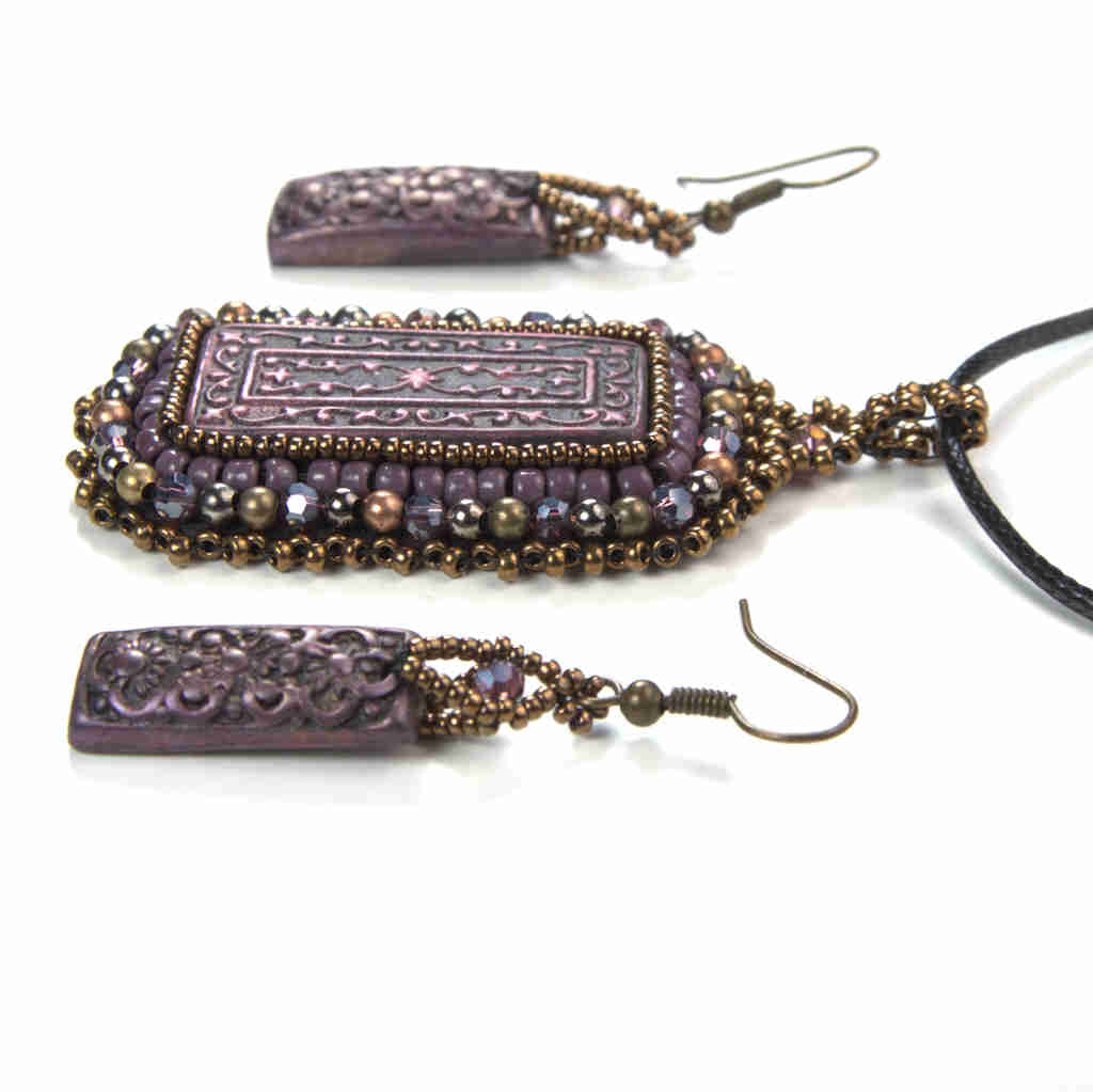 Purple, bronze, and black gothic beaded pendant and earring set