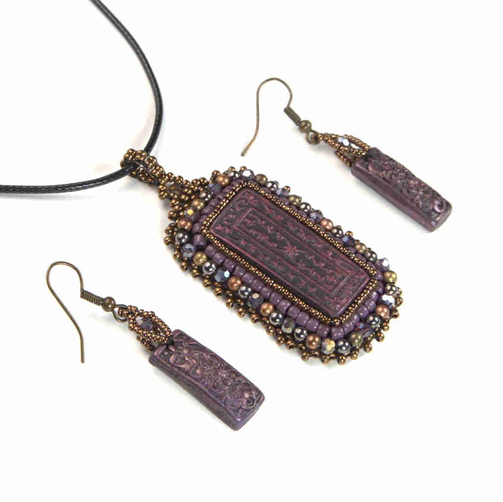 Purple, bronze, and black gothic beaded pendant and earring set