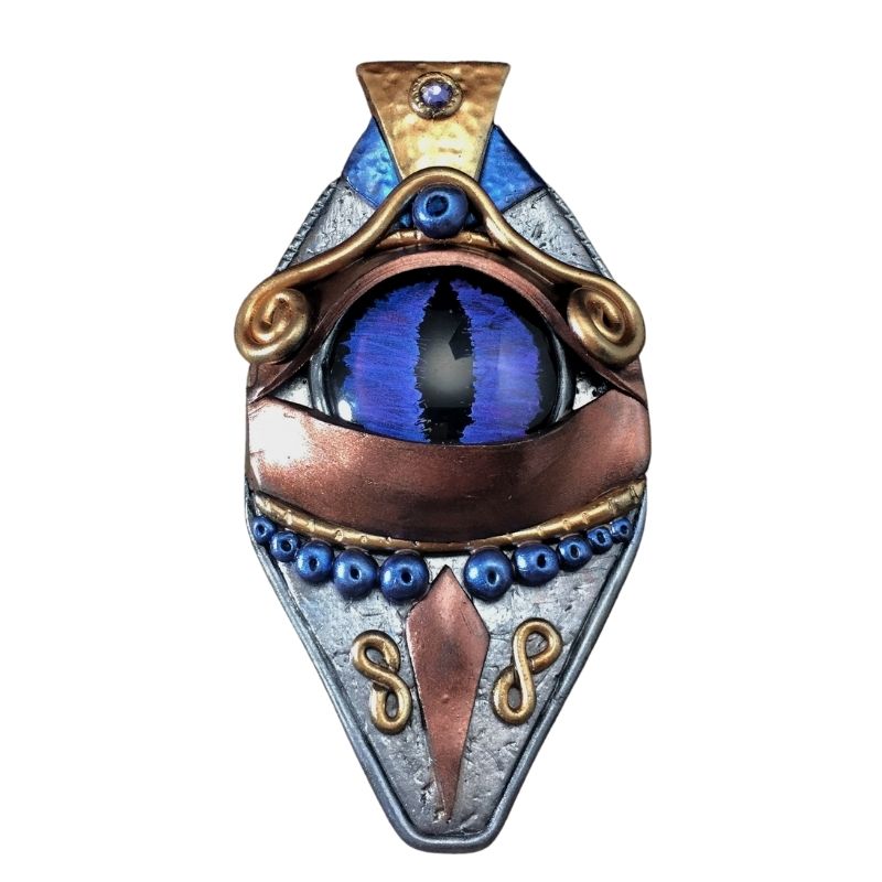 Dragon protection talisman with purple blue eye and bronze details