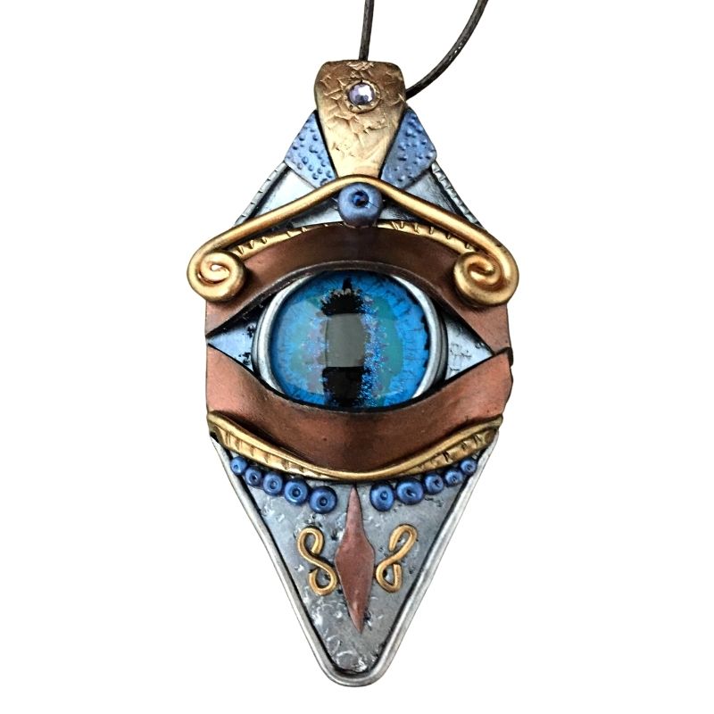 Large dragon protection necklace with blue glass eye an polymer clay bronze, gold and silver details