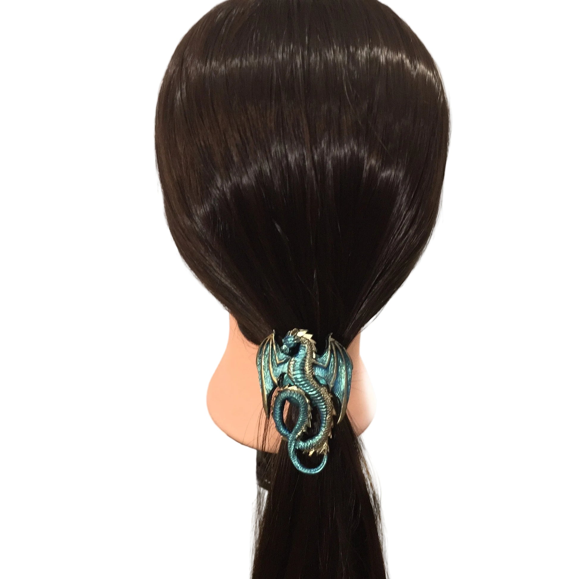 Green dragon ponytail holder on model