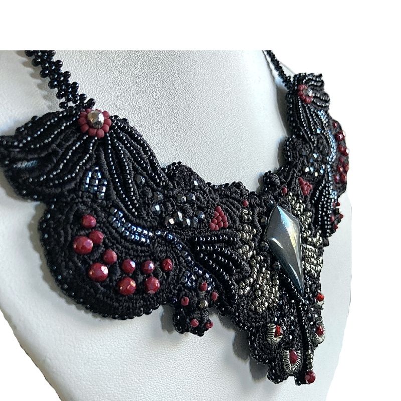 large bead embroidery goth collar choker with red silver and black beading