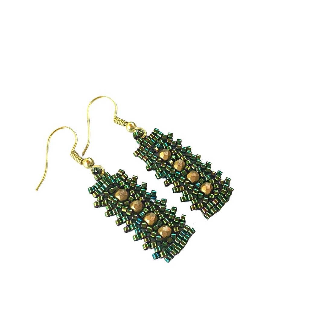 Gold crystal and green beaded bar earrings