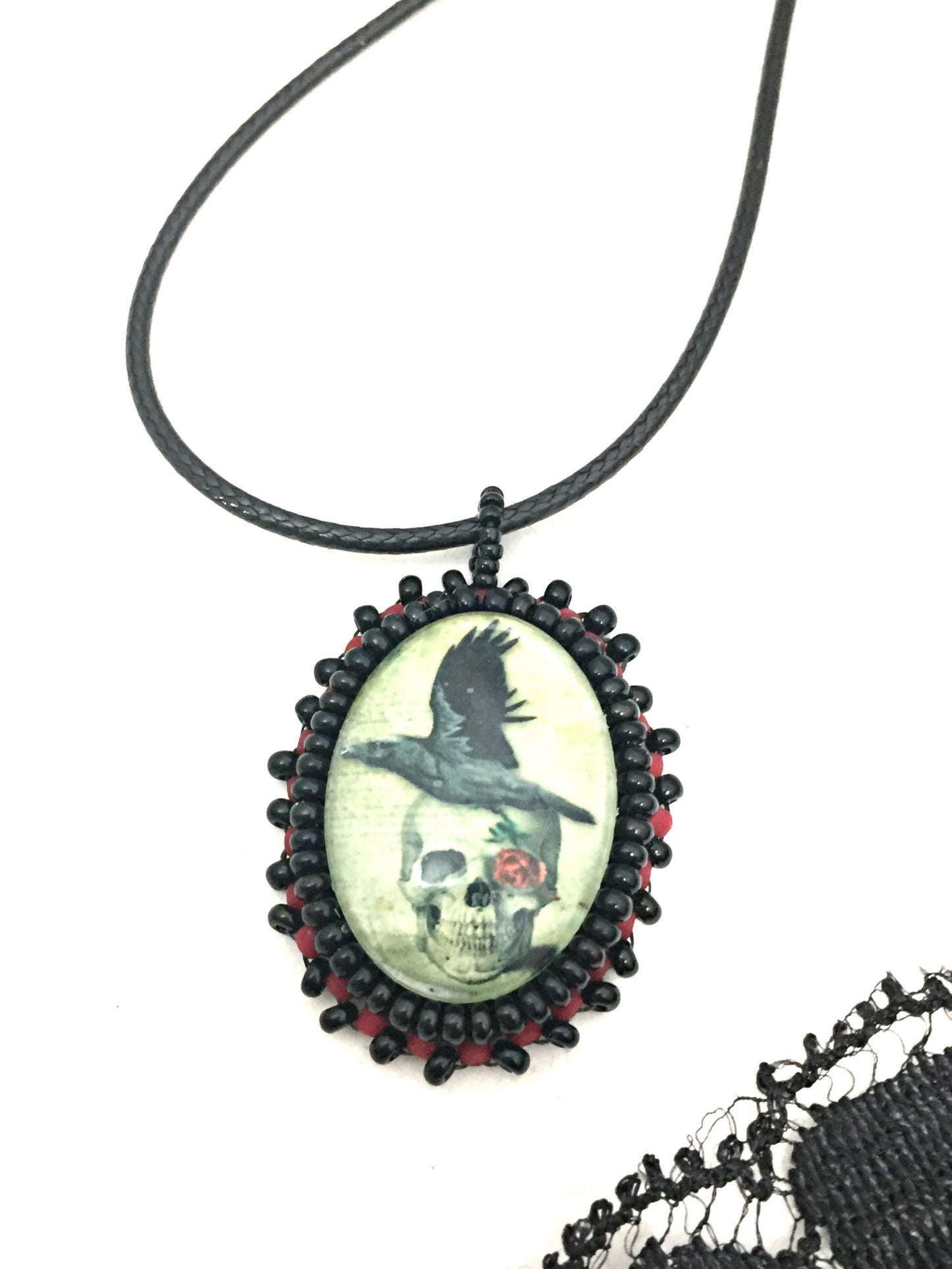 skull raven rose pendant