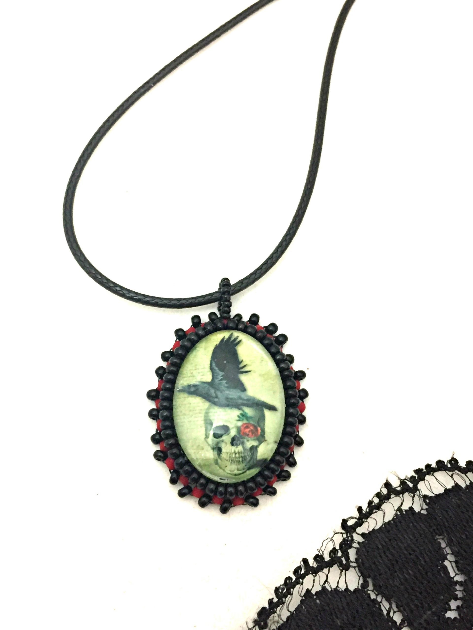 skull raven and rose pendant