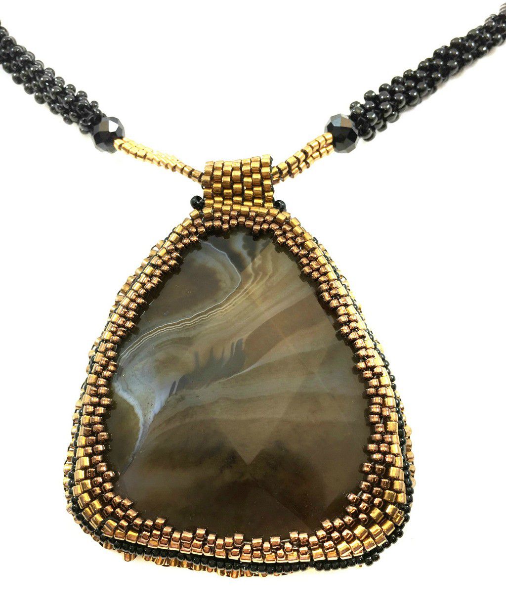 Stunning faceted agate statement necklace with gold beaded bezel and fully beaded chain in black and gold