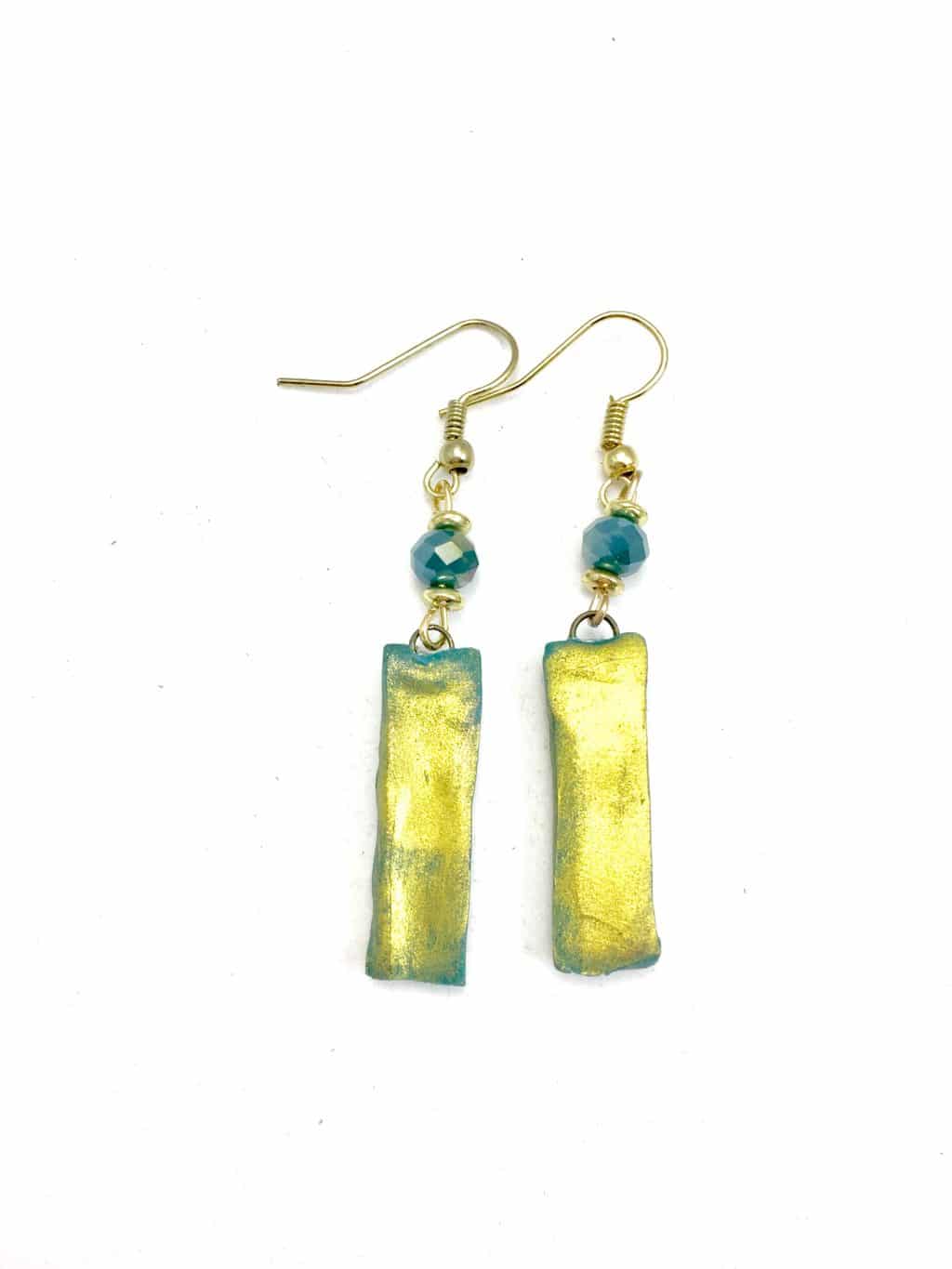 teal and gold bar earrings