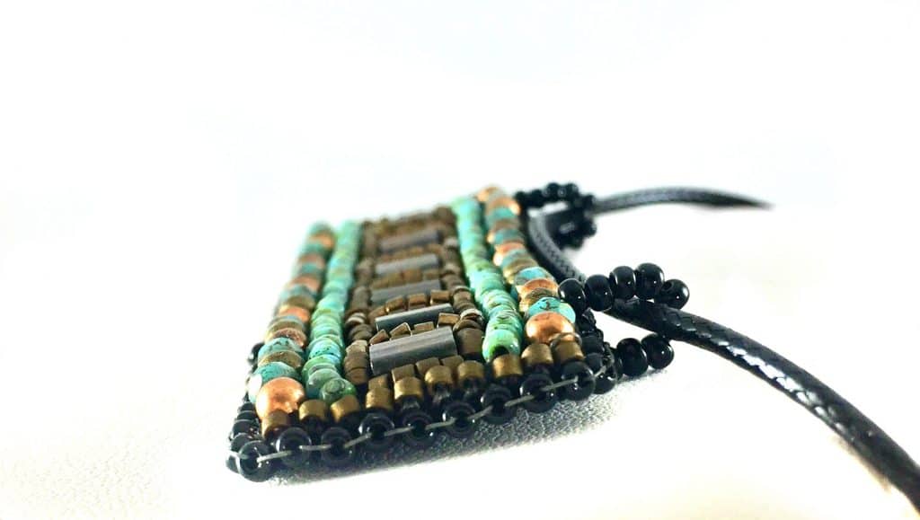 geometric bar pendant horizontal with turquoise, bonze, and black micro beads