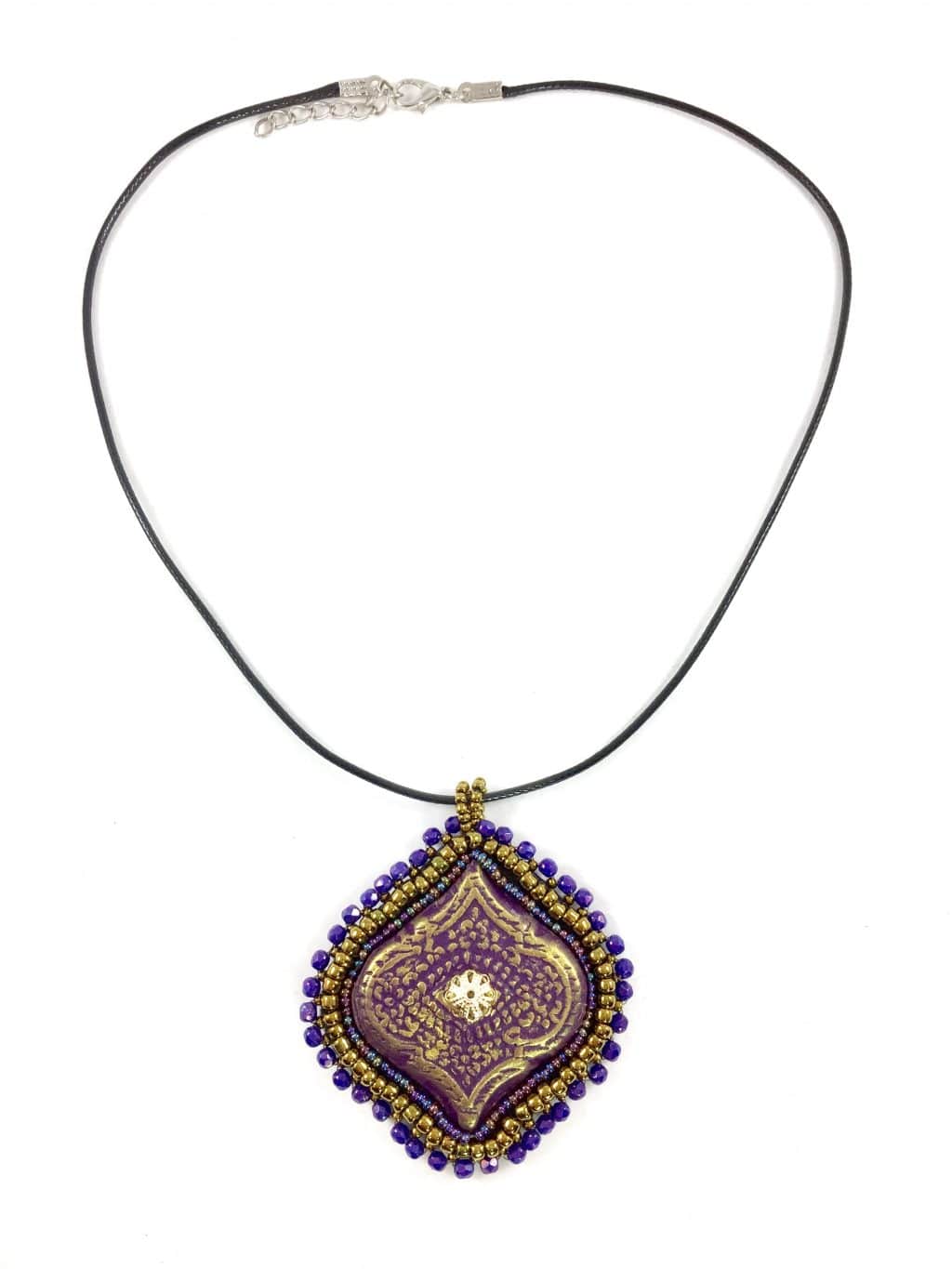 purple and gold, clay, lantern pendant with beaded bezel Moroccan Lantern Purple