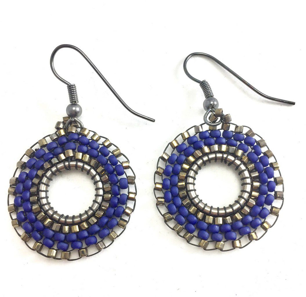Dark blue and gold seed bead boho round hoop earrings.