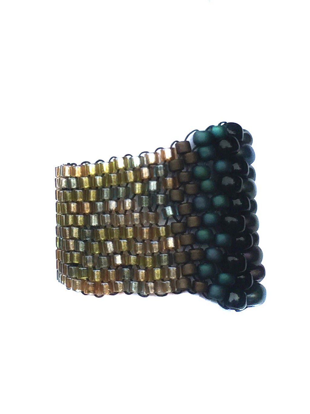 wide band ring fully beaded in green, black, bronze, and gold, super comfortable