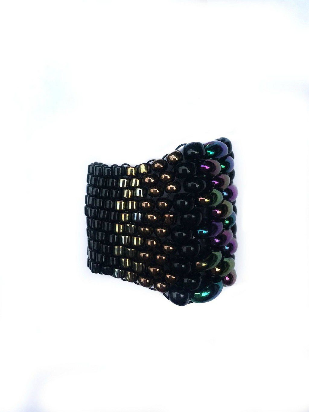 beaded ring oilslick rainbow on top with black band