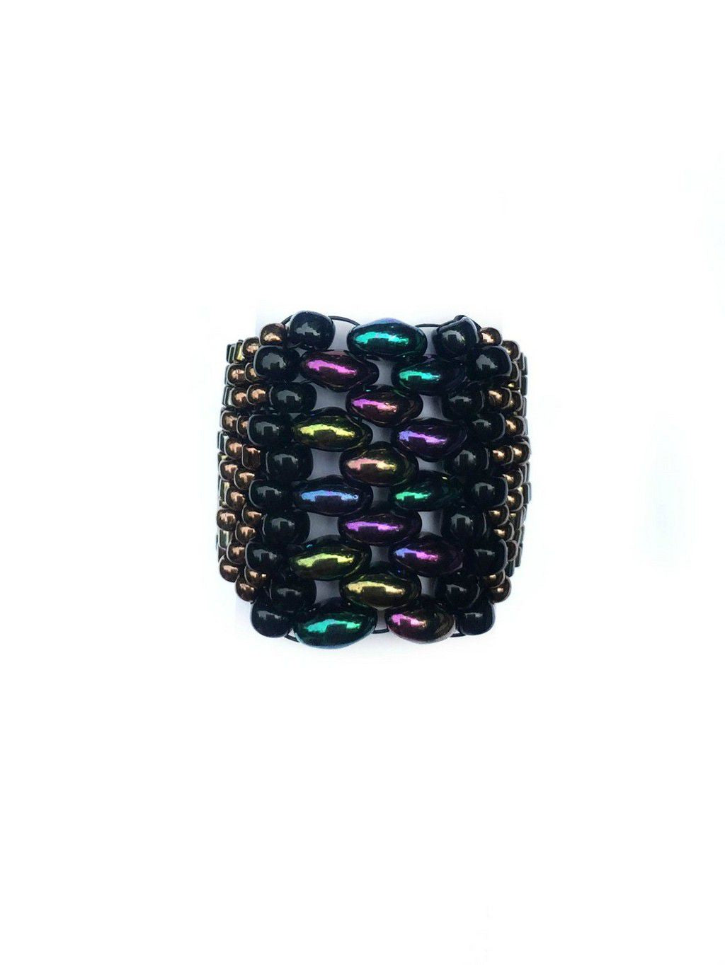 Front view of beaded cuff ring in oil slick and black colors.