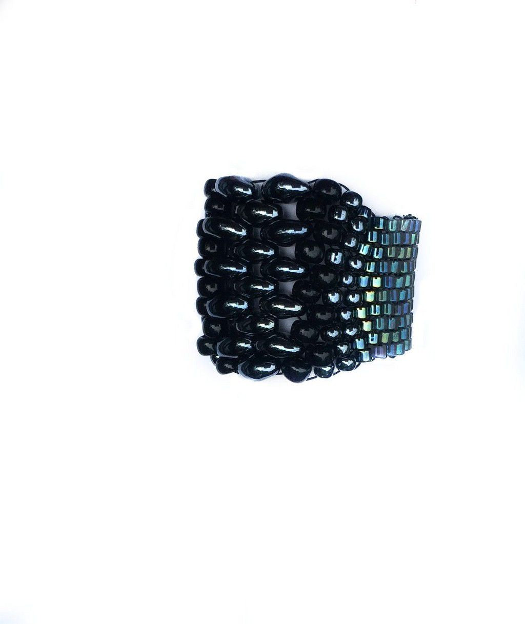 wide band ring fully beaded in hematite, black, and blue, super comfortable