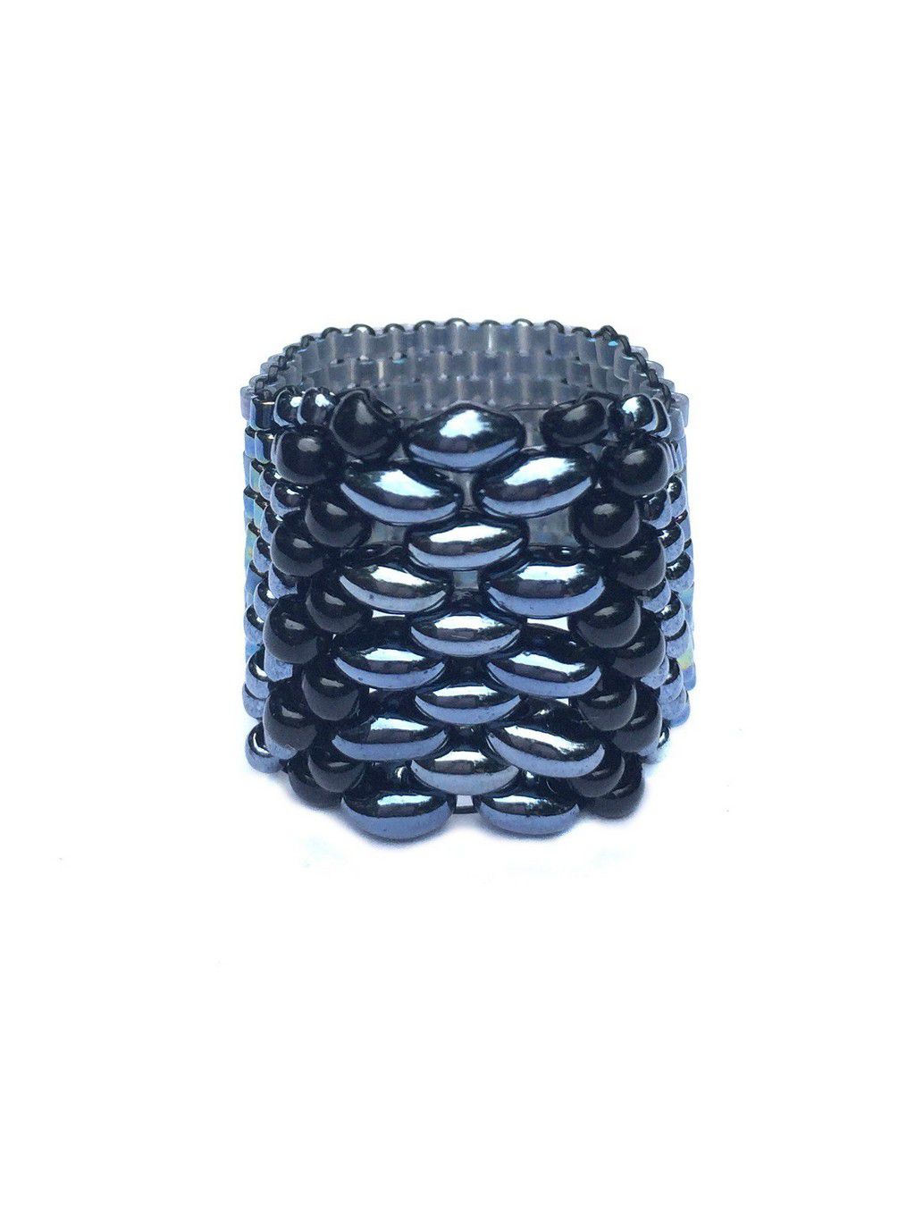 wide band ring fully beaded in hematite, black, and blue, super comfortable