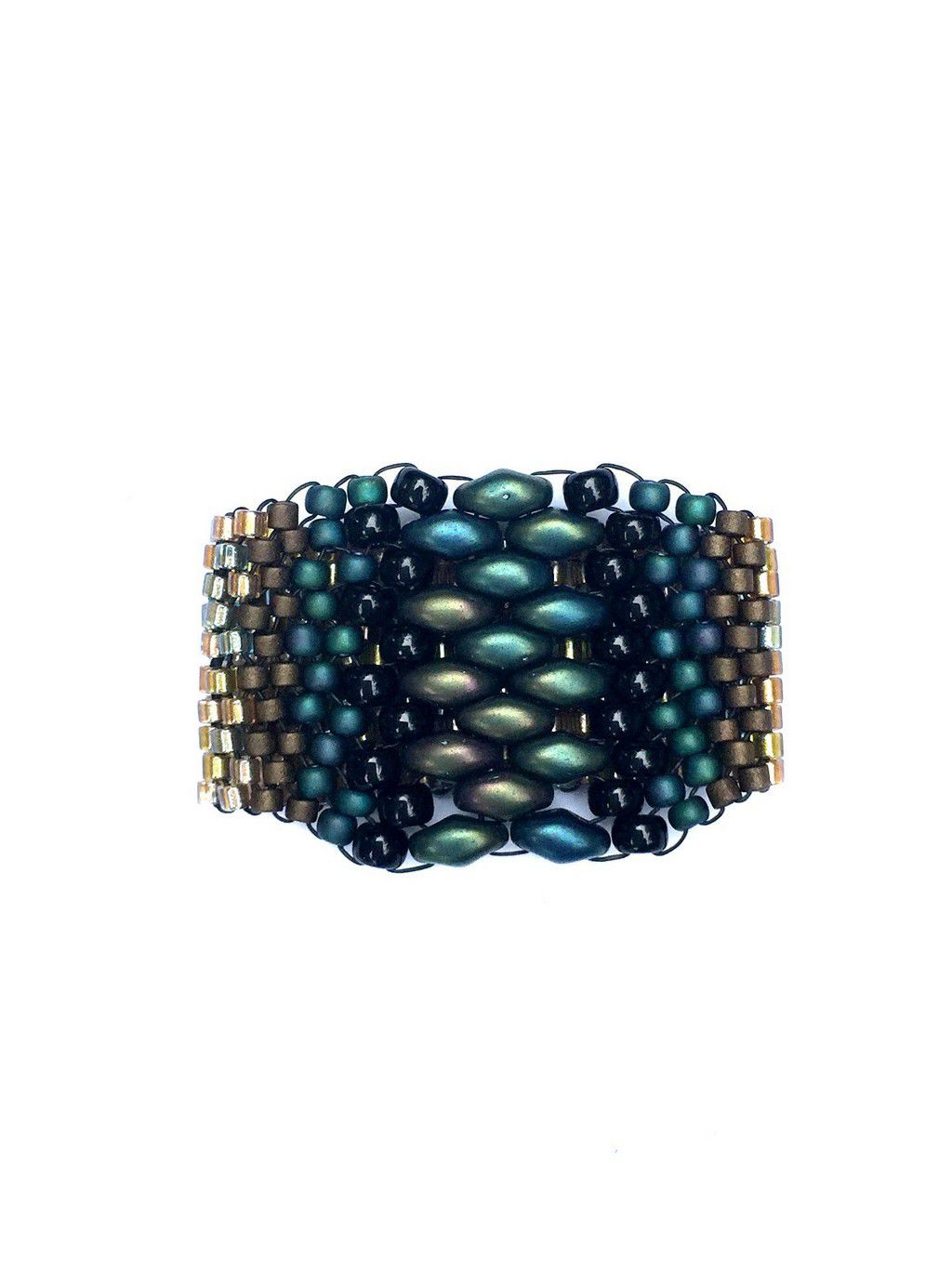 Front view of wide band ring fully beaded in green, black, bronze, and gold, super comfortable