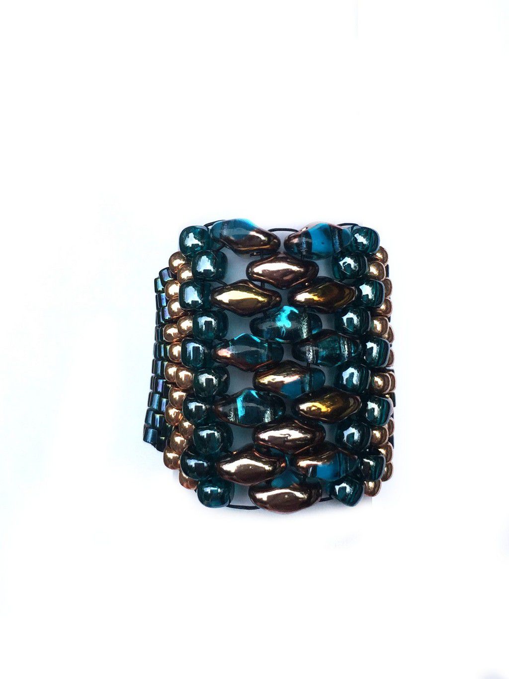 Close up of front view of beaded cuff ring in oil slick and black colors.