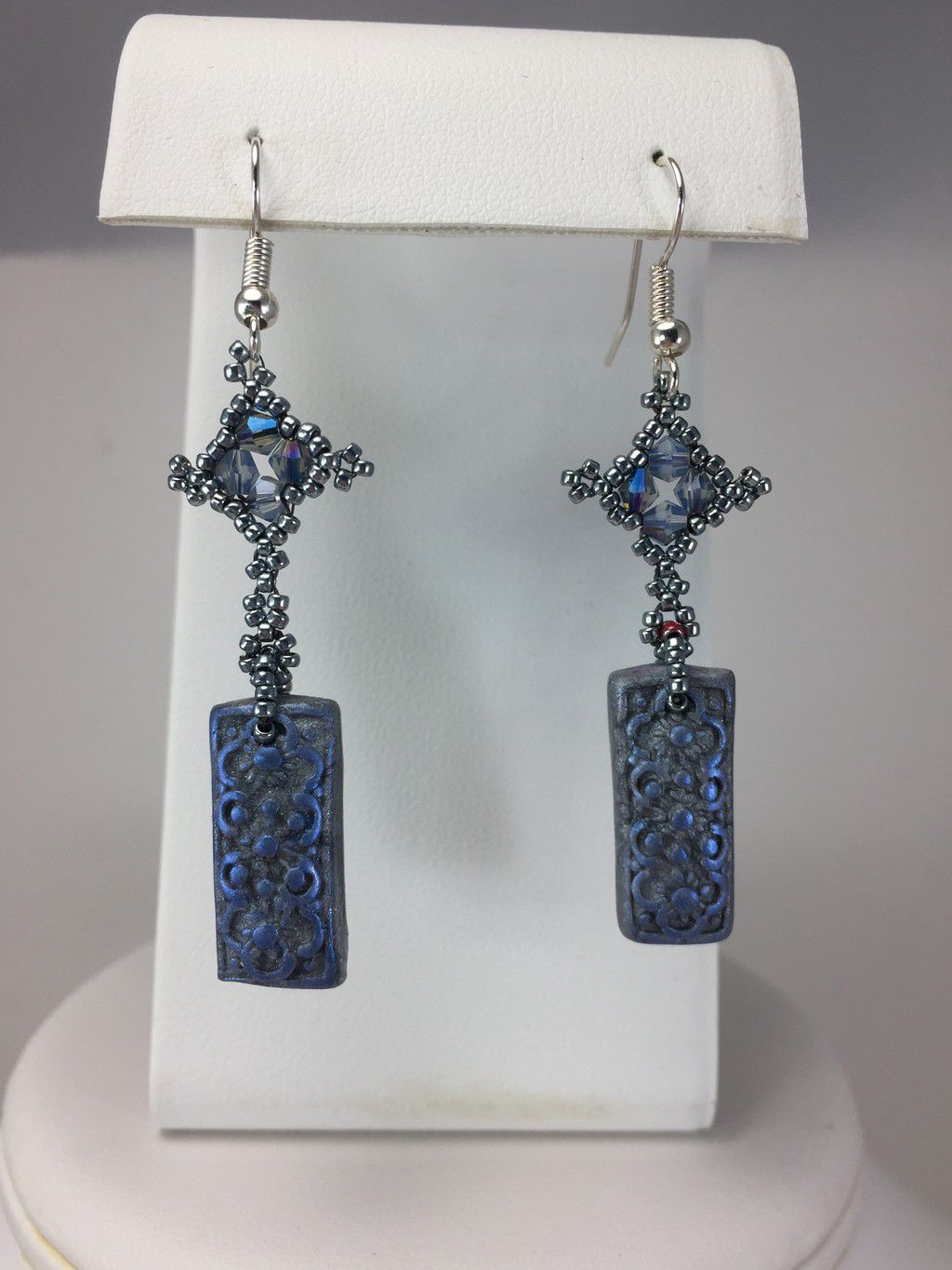 Pewter and blue clay rectangular dangle earrings with beaded cross