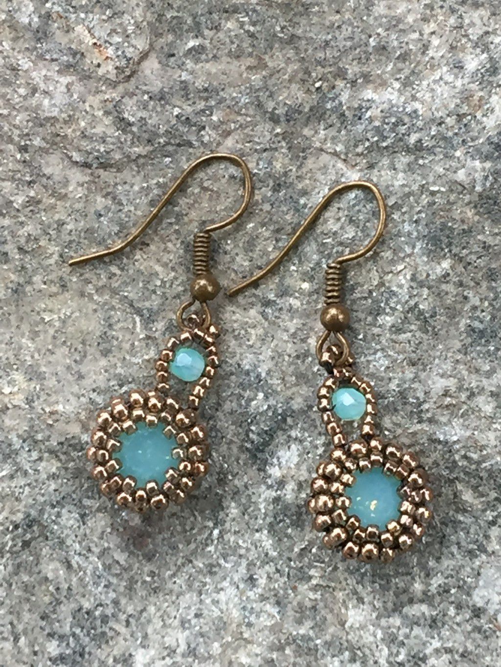 Blue opal dangle earrings with silver beeded bezels and bails