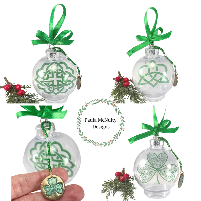 4 clear plastic Christmas ornaments with Celtic designs and green ribbon with a shamrock charm.