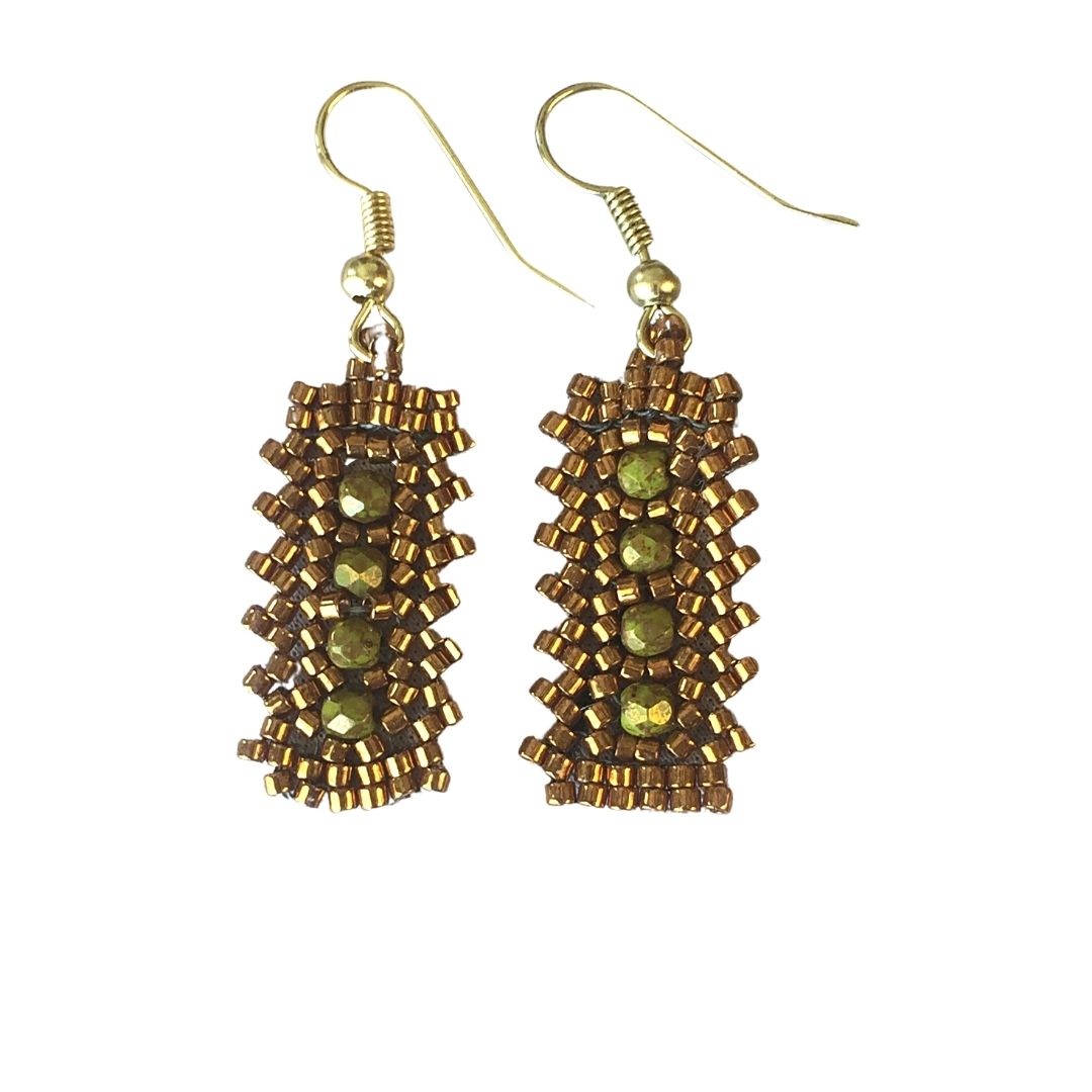 Olive crystal and gold beaded bar earrings