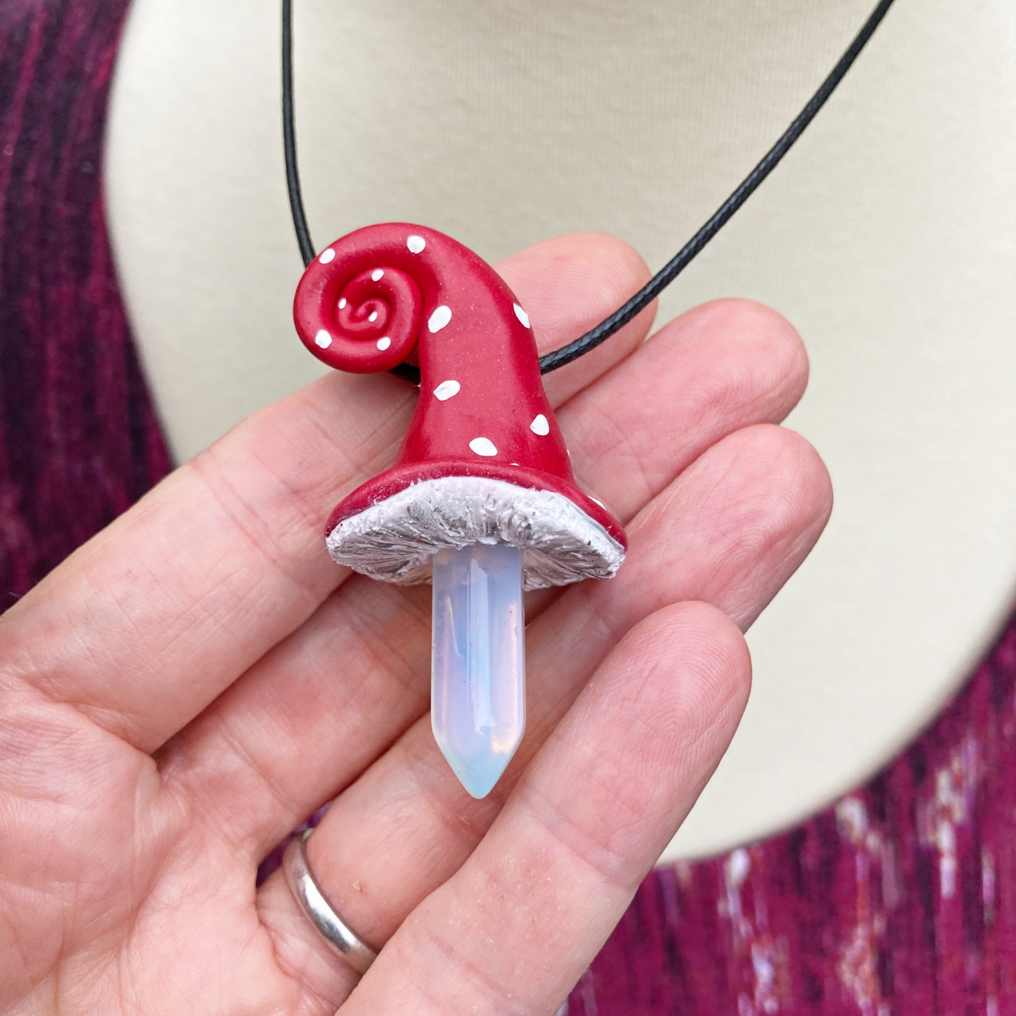 Polymer clay toadstool necklace with Opalite crystal point