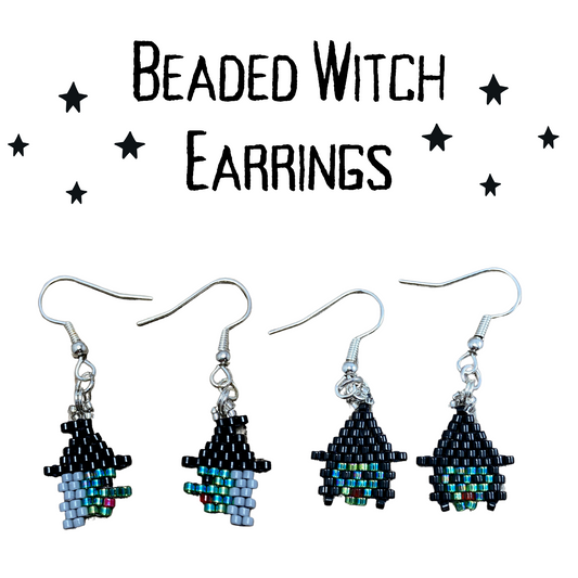 Seed Beaded witch earrings with side profile and front facing witches with green faces and black hats
