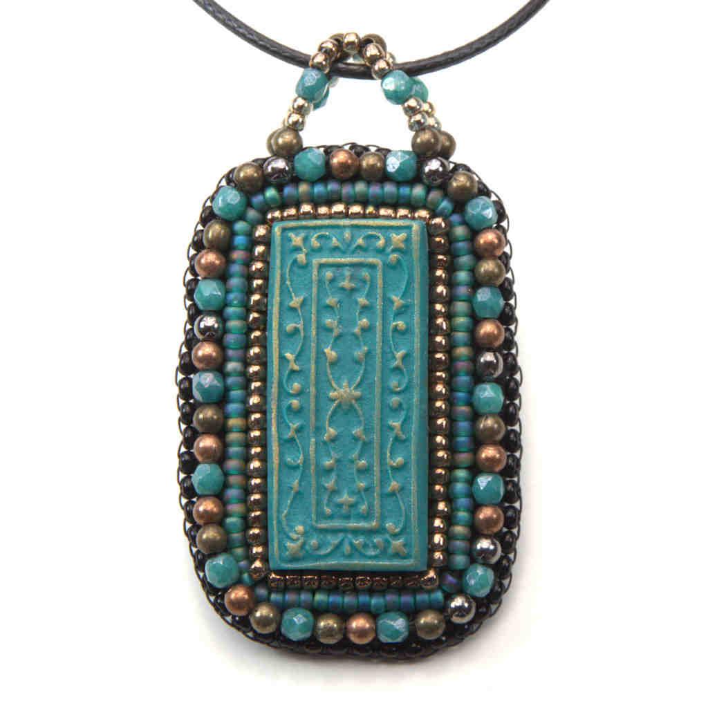 beaded blue clay gold bronze rectangle art pendant