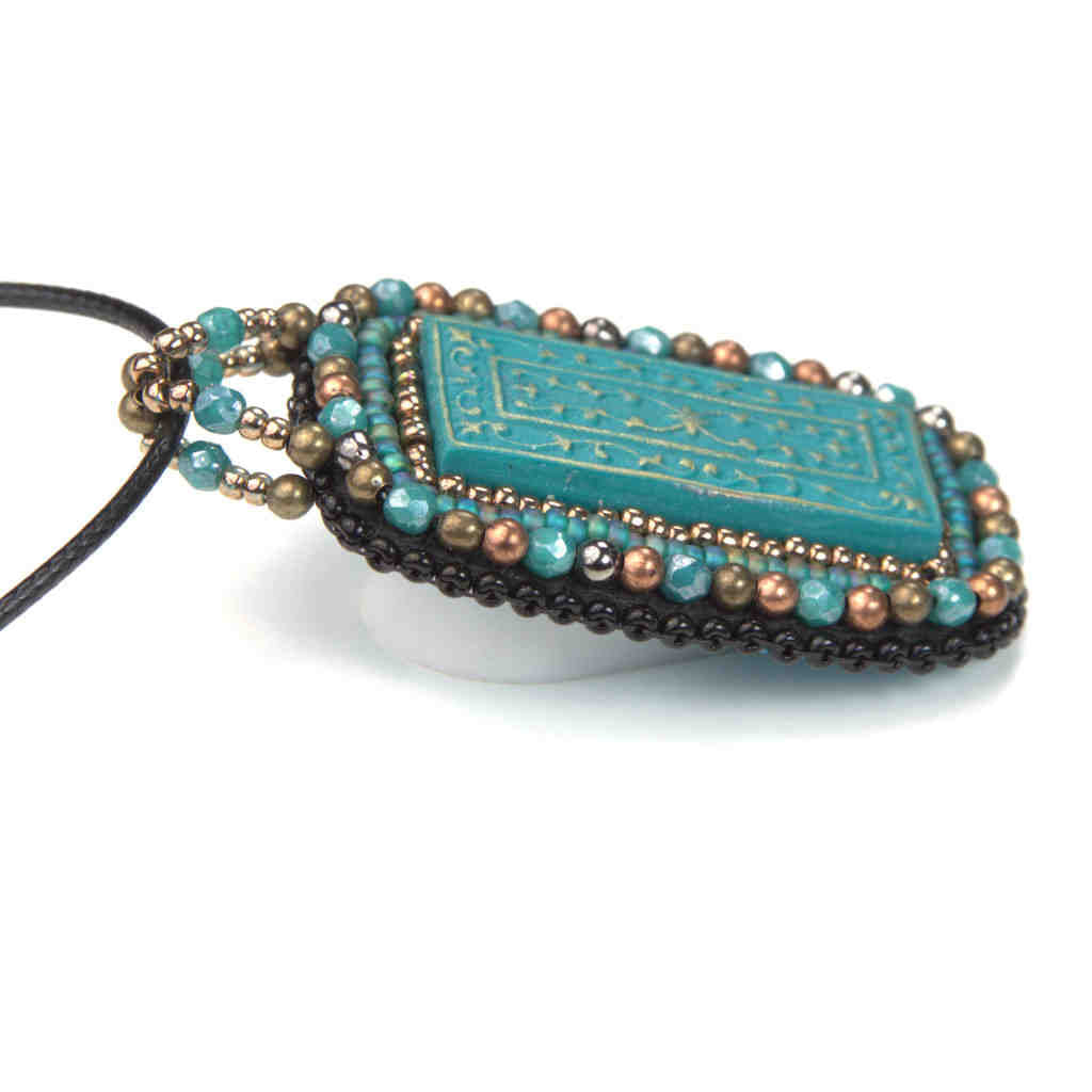 beaded blue clay gold bronze rectangle art pendant