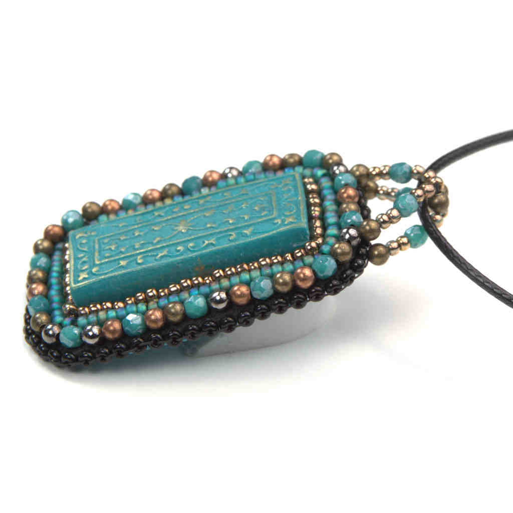 beaded blue clay gold bronze rectangle art pendant