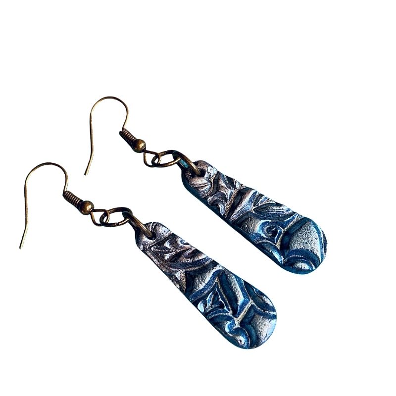 Floral stamped blue and silver drop earrings