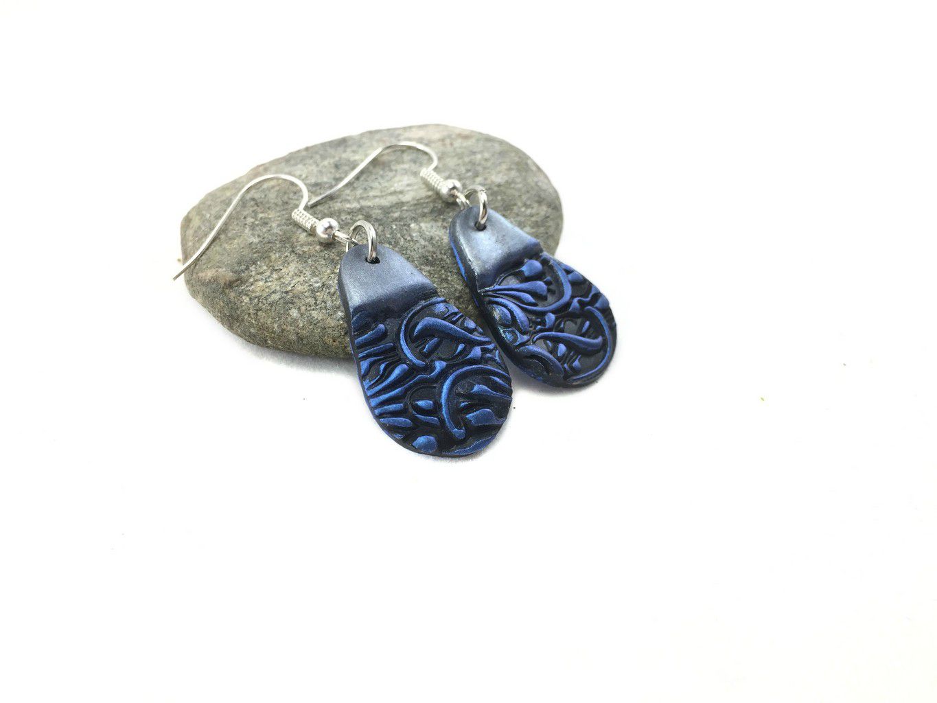 blue and black modern unique teardrop clay earings