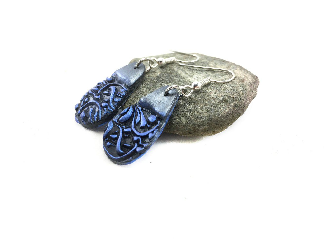 blue and black modern unique teardrop clay earings