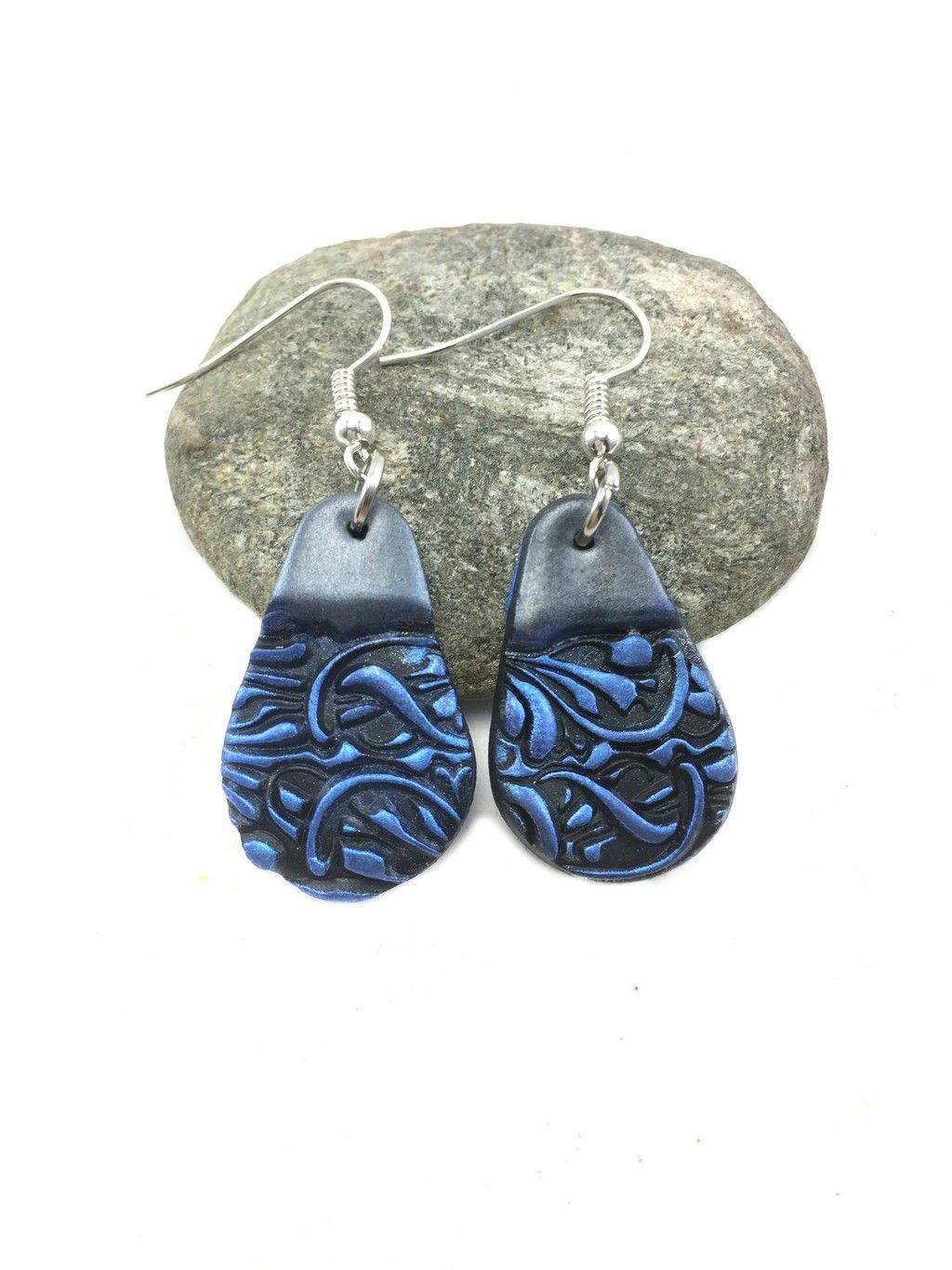 blue and black modern unique teardrop clay earings