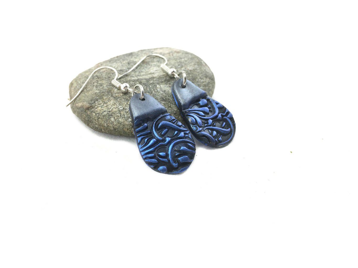 blue and black modern unique teardrop clay earings