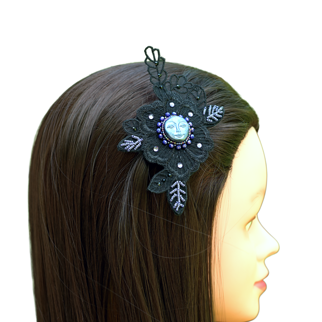 whimsigothic hair clip with blue moon and purple beading on black lace applique.