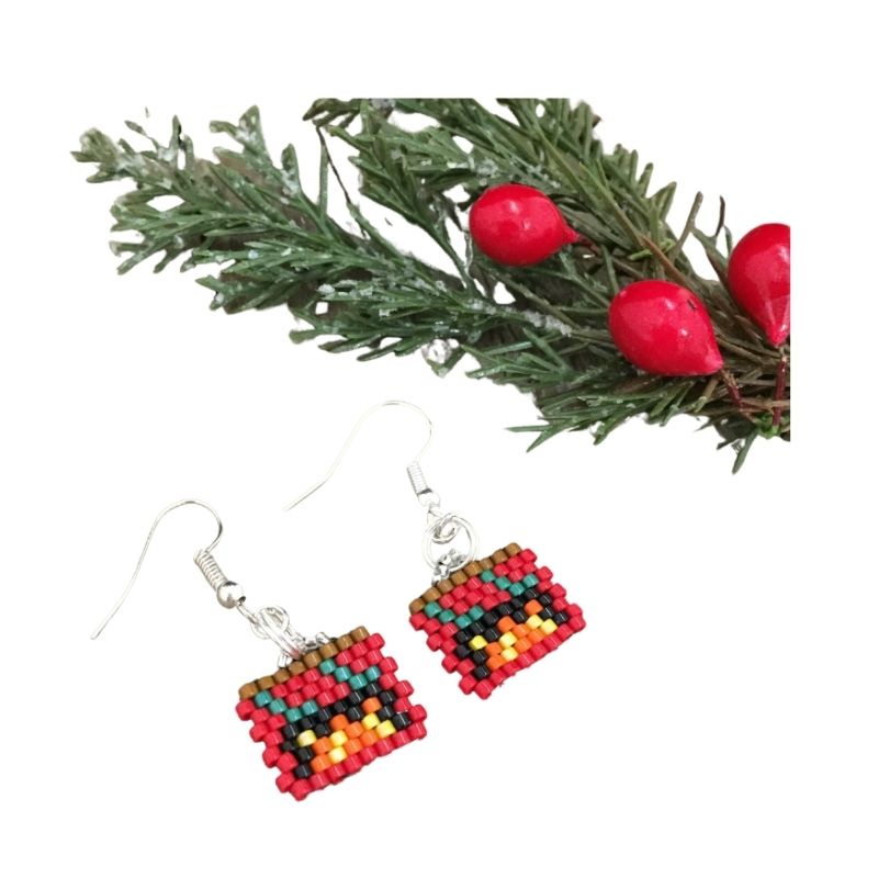 seed bead earrings with red fireplace with green stockings