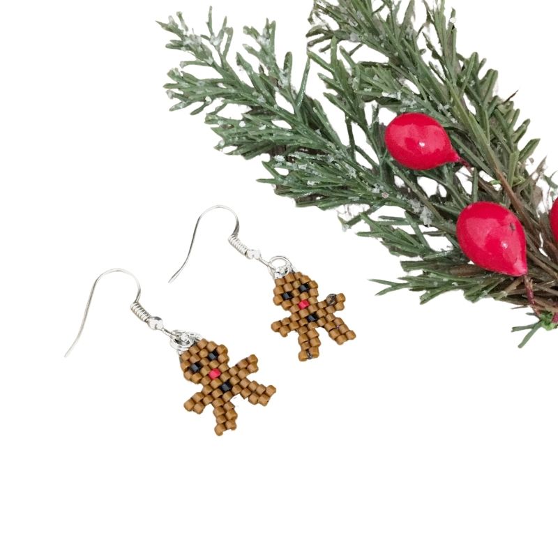 Small seed beaded gingerbread cookie earrings